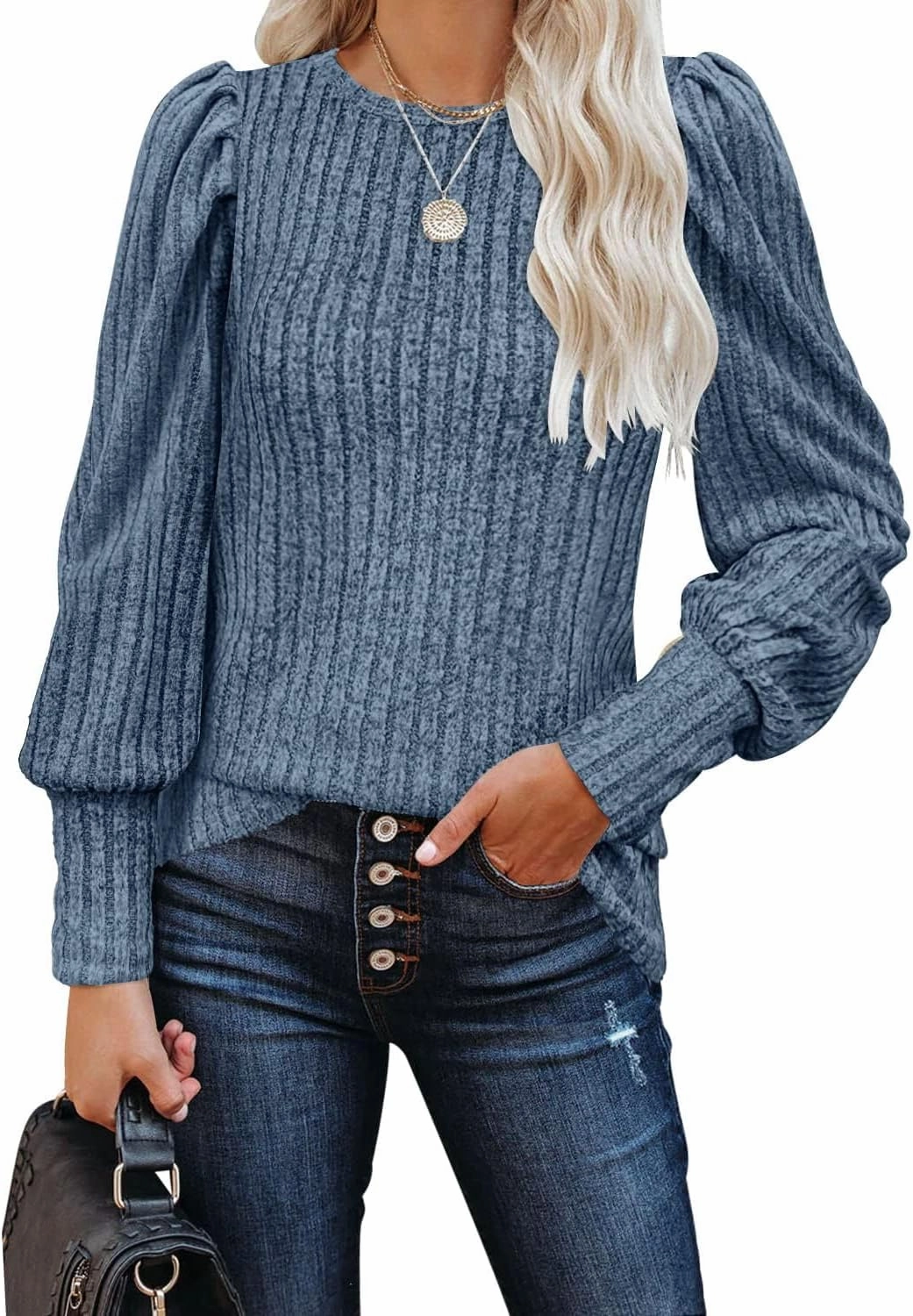 MIHOLL Women's Puff Long Sleeve Shirts Casual Knit Blouses Crew Neck Elegant Tunic Tops