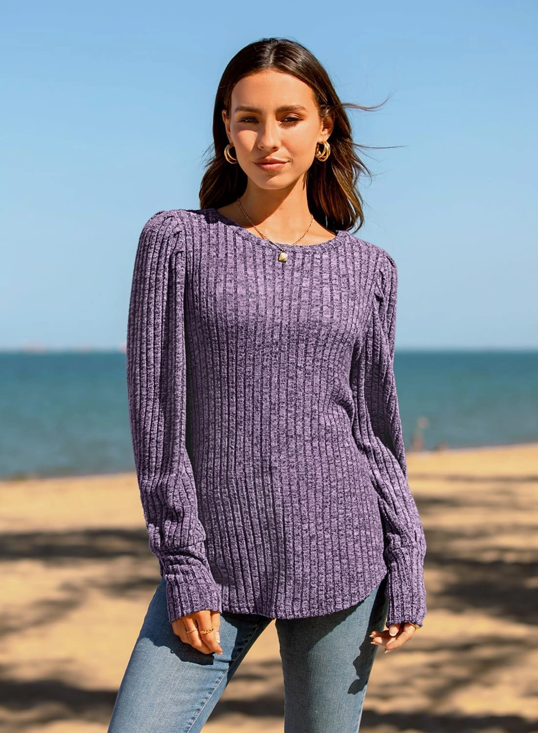 MIHOLL Women's Puff Long Sleeve Shirts Casual Knit Blouses Crew Neck Elegant Tunic Tops