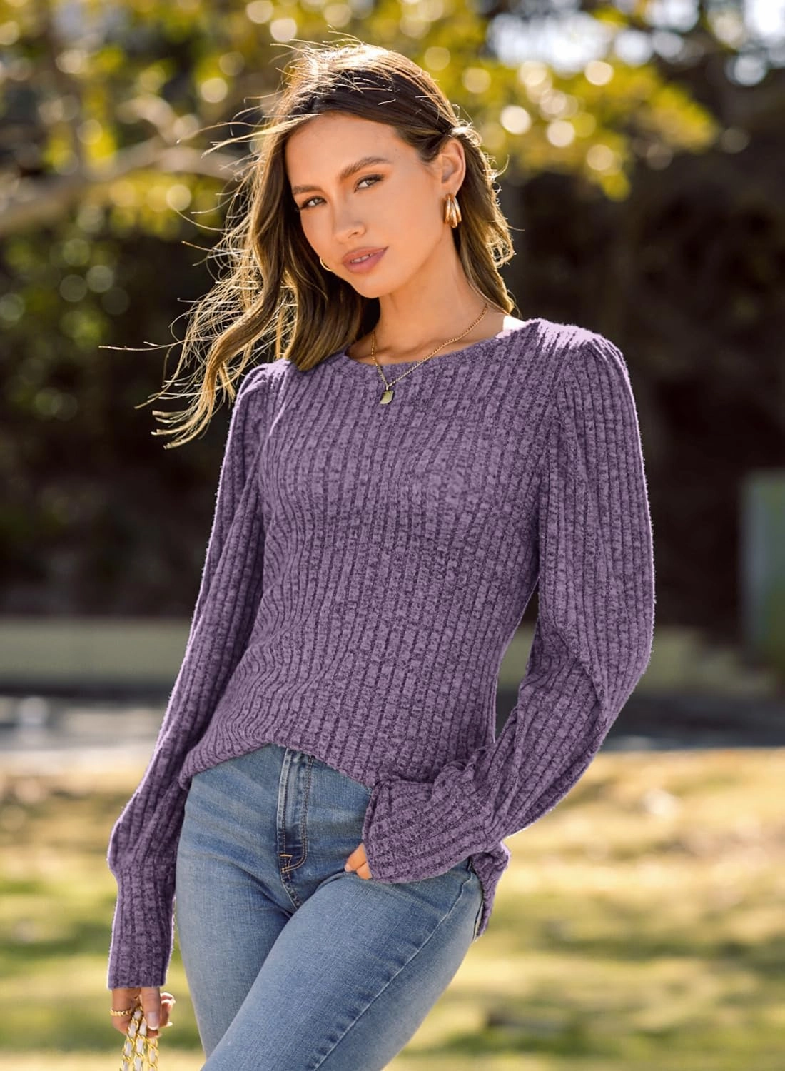 MIHOLL Women's Puff Long Sleeve Shirts Casual Knit Blouses Crew Neck Elegant Tunic Tops