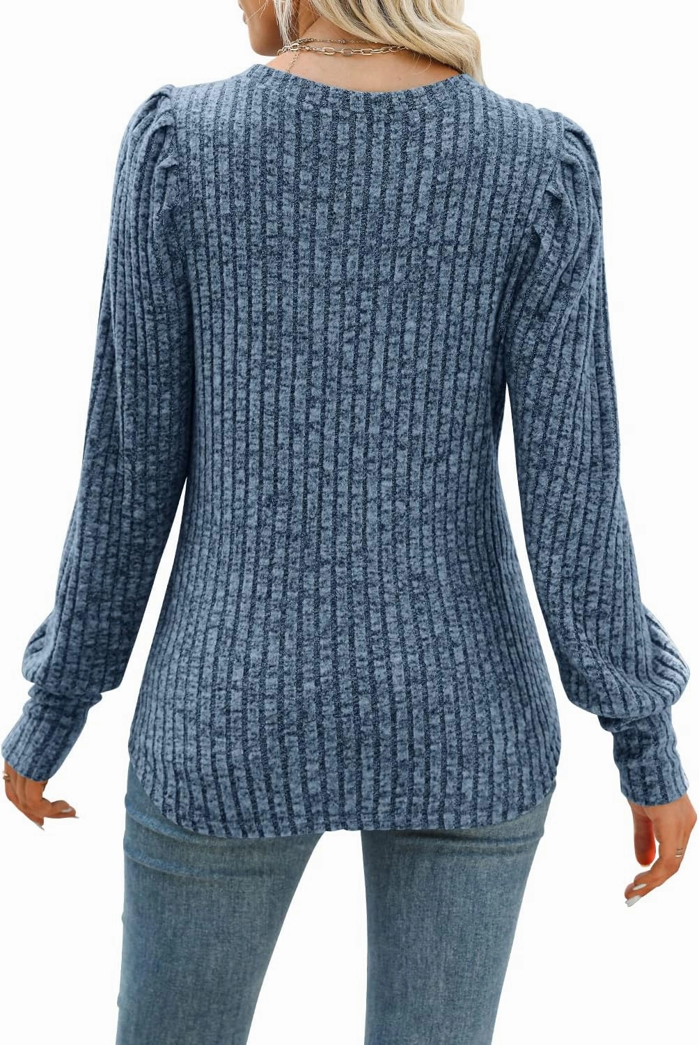 MIHOLL Women's Puff Long Sleeve Shirts Casual Knit Blouses Crew Neck Elegant Tunic Tops