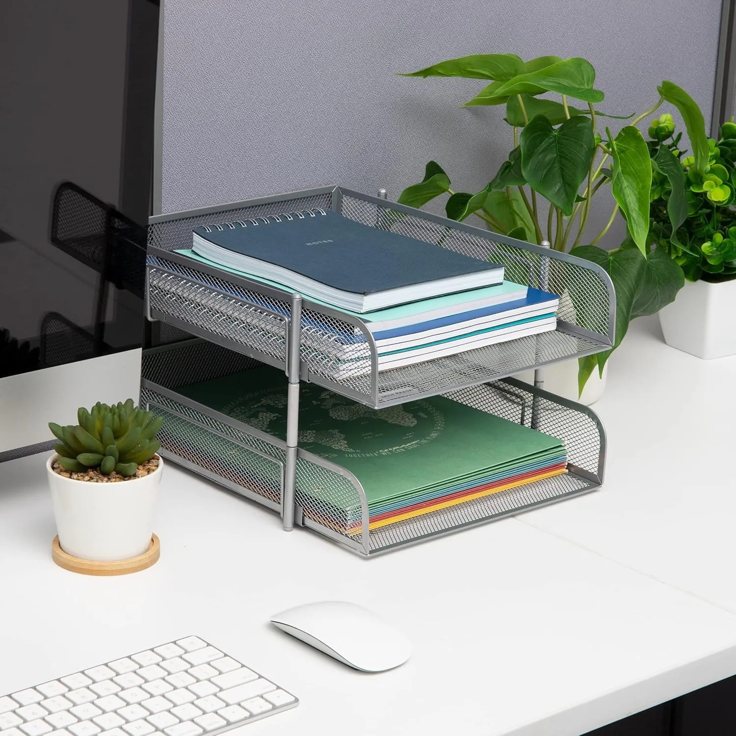Mind Reader Stackable Paper Tray, Desktop Organizer, File Storage, Office, Metal Mesh, 10.5" L x 13.25" W x 7.5" H, 2 Pcs, Silver