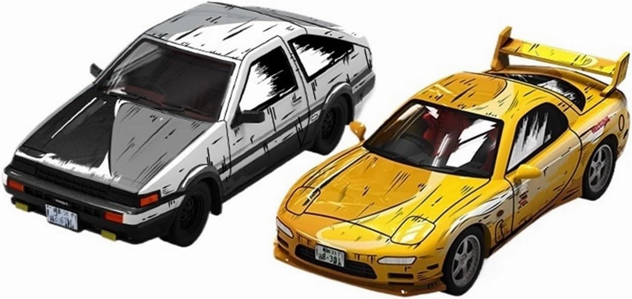 Mini Cars Replica 1:64 for Toyota AE86 Mazda RX-7 Cartoon Version Painting Alloy Car Model Supercar Metal Crafts Display Race Car Birthday Party Decorations(White B)