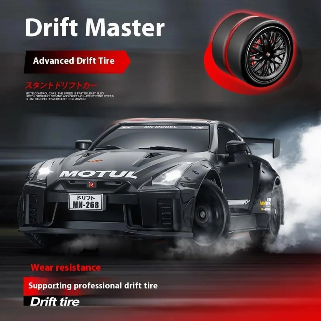MN-268 RC Drift Car, 1:16 Scale 2.4G Full-Proportional Control RWD RC Car with LED Lights & Gyro-Enhanced, RC Racing Toy for Hobbyiost