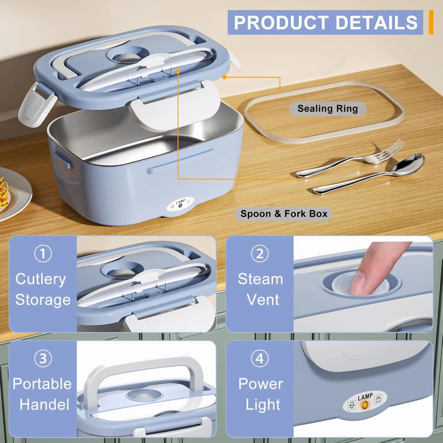 Monteka Electric Lunch Box Food Heater - Leakproof Portable Food Warmer heated lunch box for adults for Car/Home/Truck with 1.5L Removable Stainless Steel Container, 60W, 12V/24V/110V, White