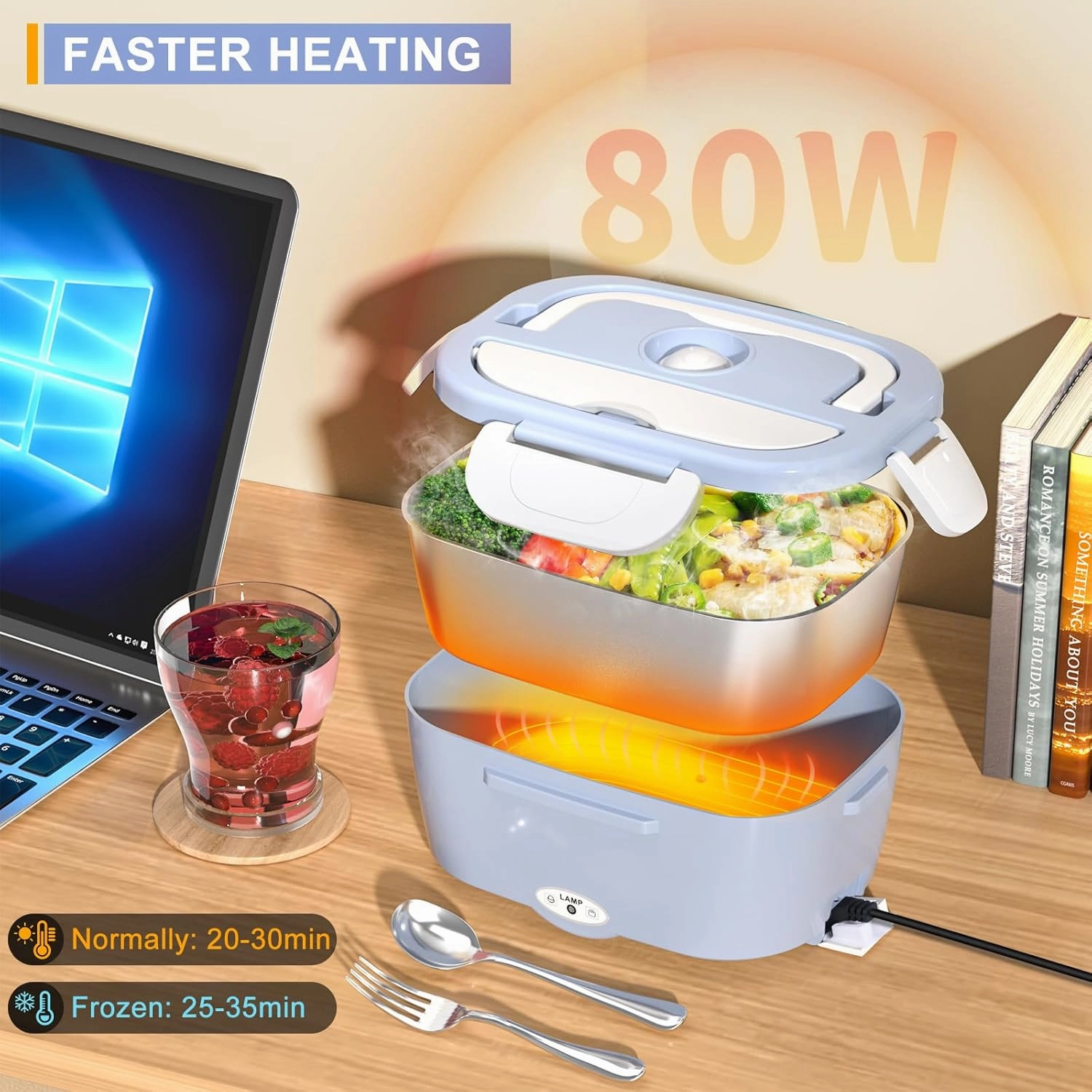 Monteka Electric Lunch Box Food Heater - Leakproof Portable Food Warmer heated lunch box for adults for Car/Home/Truck with 1.5L Removable Stainless Steel Container, 60W, 12V/24V/110V, White