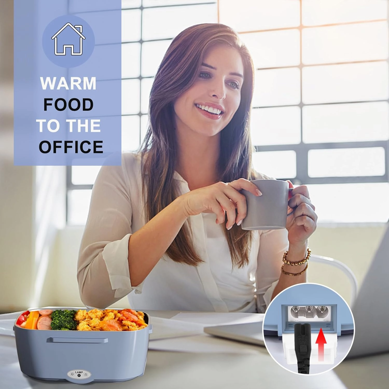 Monteka Electric Lunch Box Food Heater - Leakproof Portable Food Warmer heated lunch box for adults for Car/Home/Truck with 1.5L Removable Stainless Steel Container, 60W, 12V/24V/110V, White