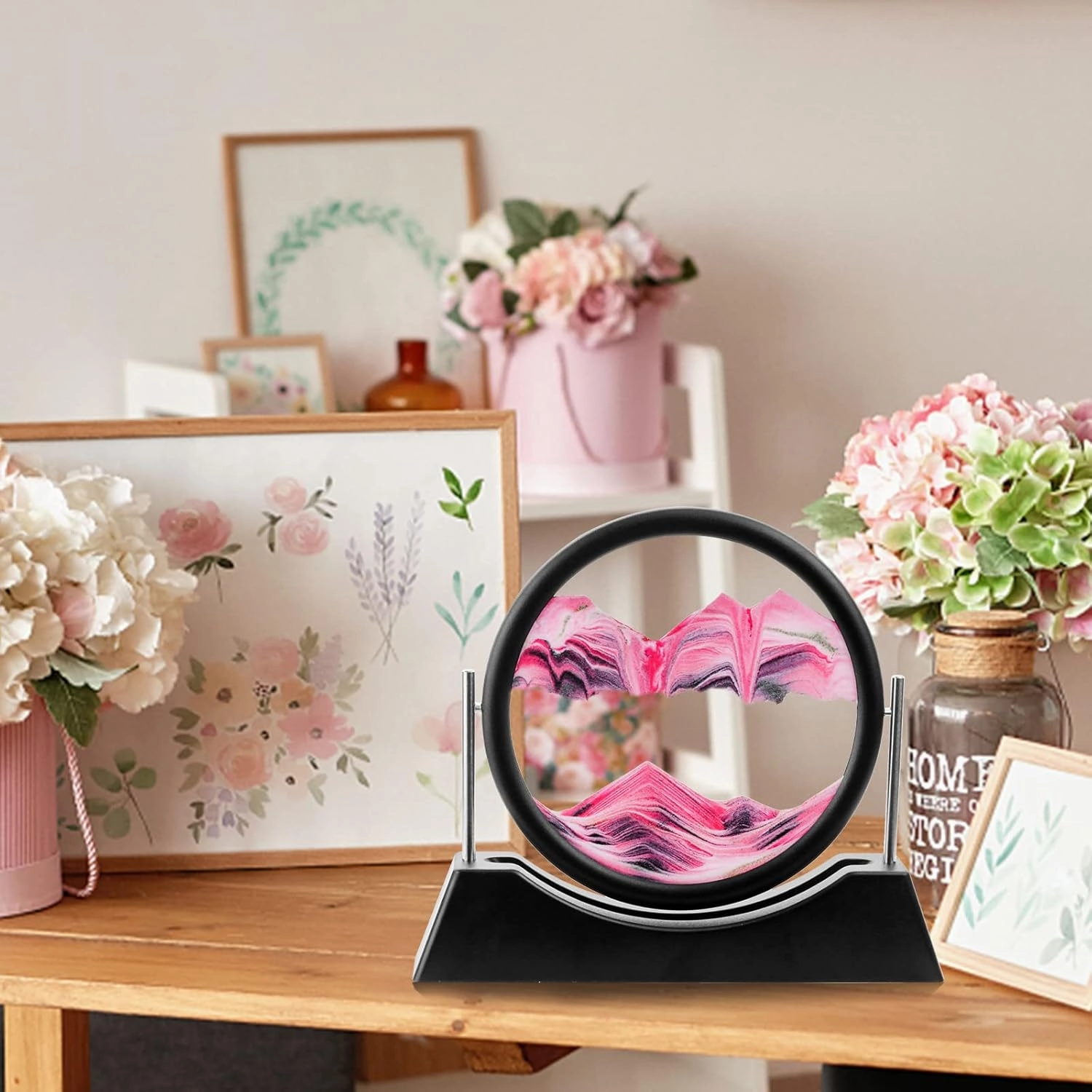 Moving Sand Art Liquid Motion,3D Flow Sand Painting Quicksand Decor,Stress Relief Moving Sand Art Picture with Round Glass for Office Home Decoration