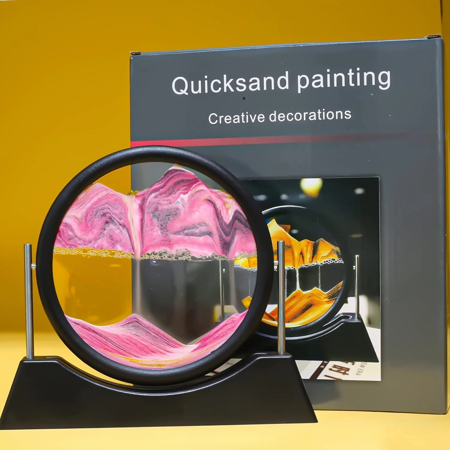 Moving Sand Art Liquid Motion,3D Flow Sand Painting Quicksand Decor,Stress Relief Moving Sand Art Picture with Round Glass for Office Home Decoration