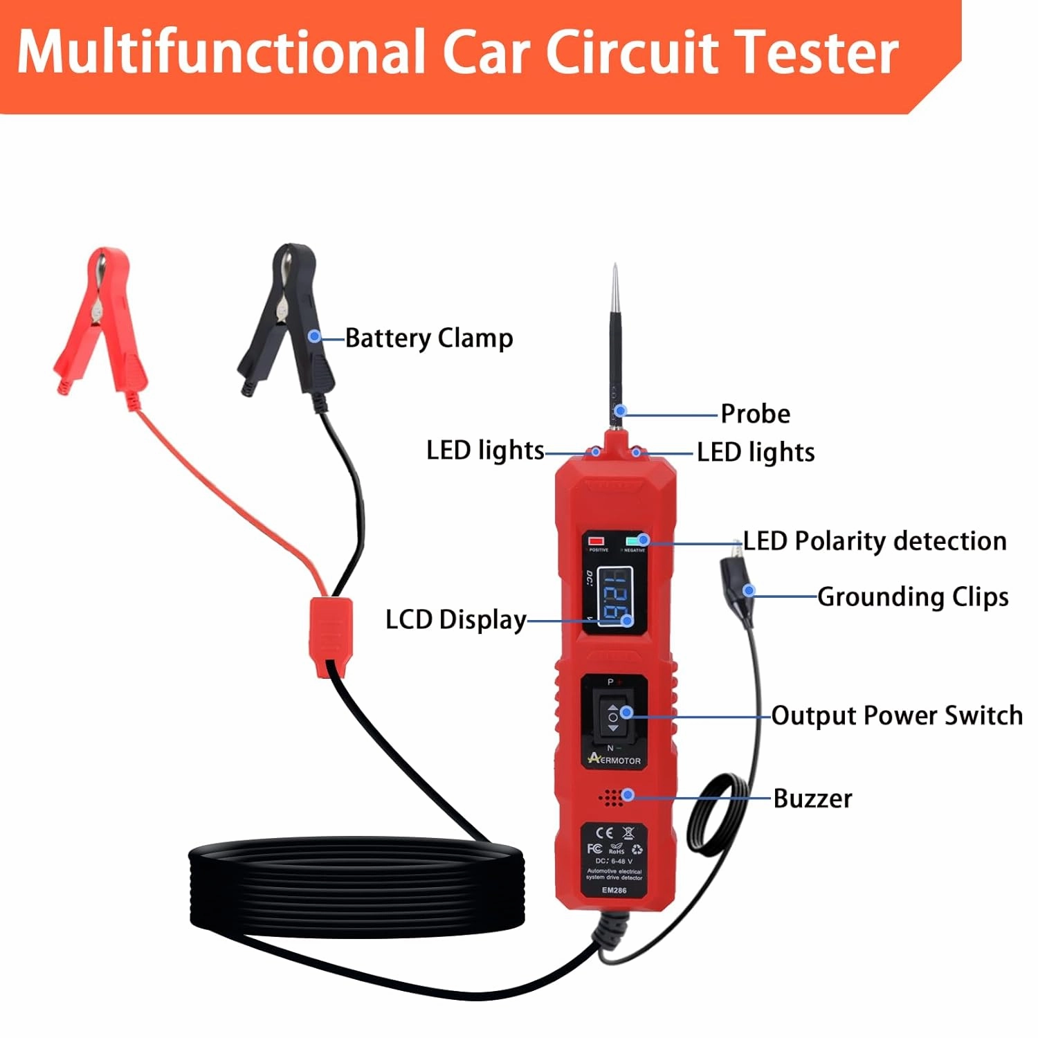 Multifunctional Car Circuit Tester Component Activation Electrical Tester 6-24V/3.5-36V AC/DC Car Power Tester Digital Display Short Circuit Finder for Continuity Testing Red
