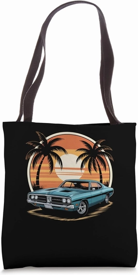 Muscle Car Tropical Scene Sunset Beach Drive V8 Classic Car Tote Bag