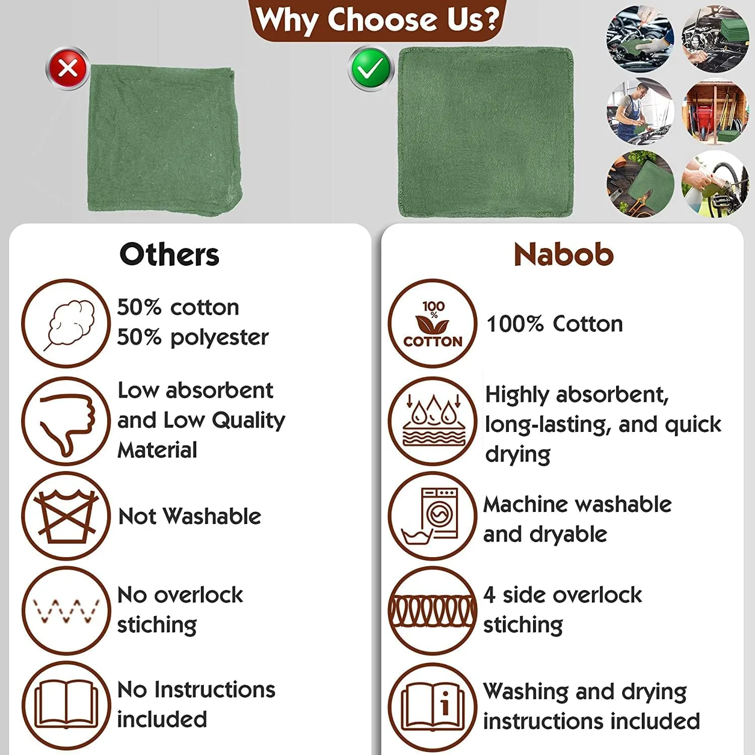 Nabob Wipers Shop Towels 50 Pack Cotton Rags Size 14"x14" Commercial Grade (50 Pack, Green)