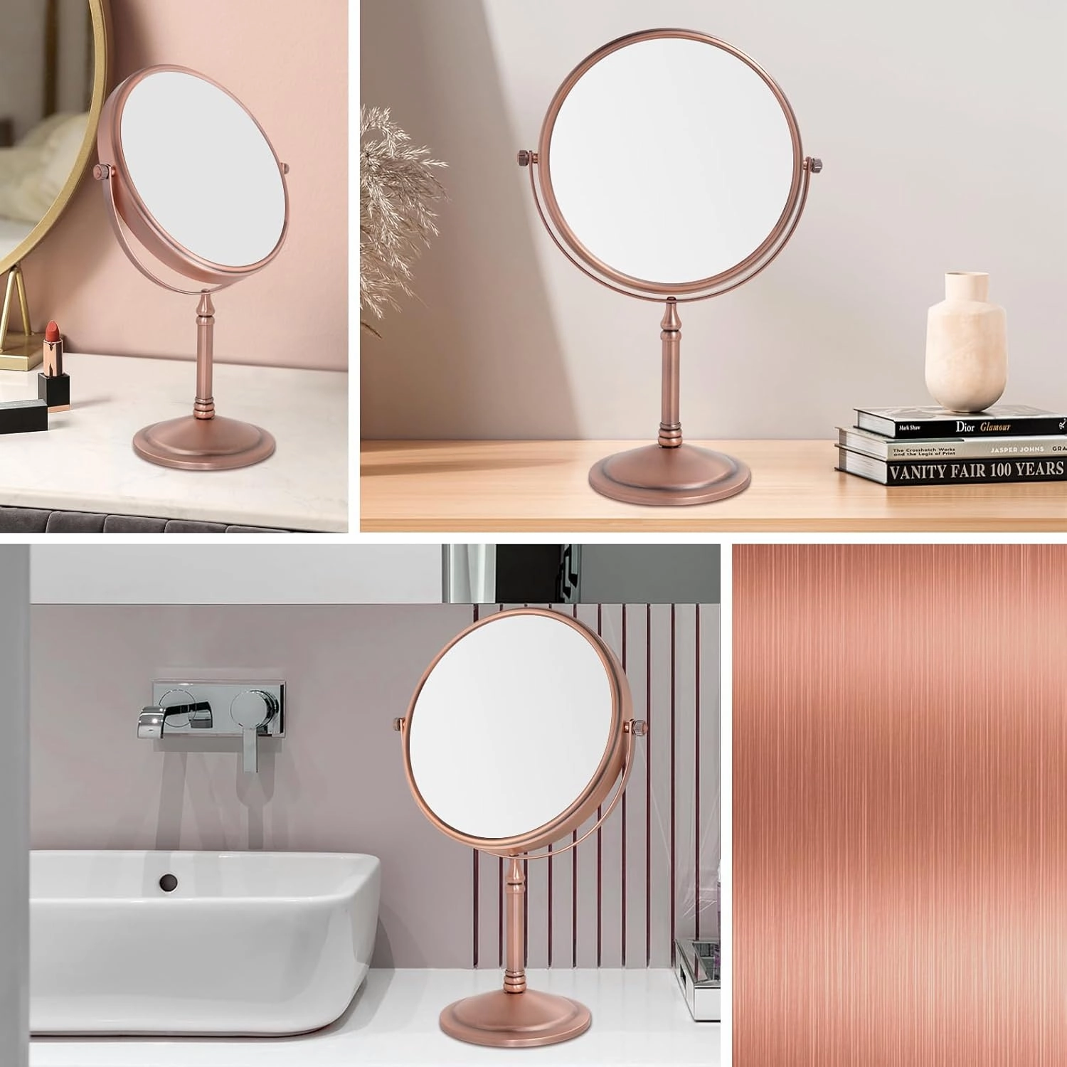 Nicesail 10x Magninfied Makeup Mirror for Desk, 10x Magnifying Mirror for Bathroom Countertop, 360 Swivel No Light Matte Rose Gold (8 Inch, 10X)