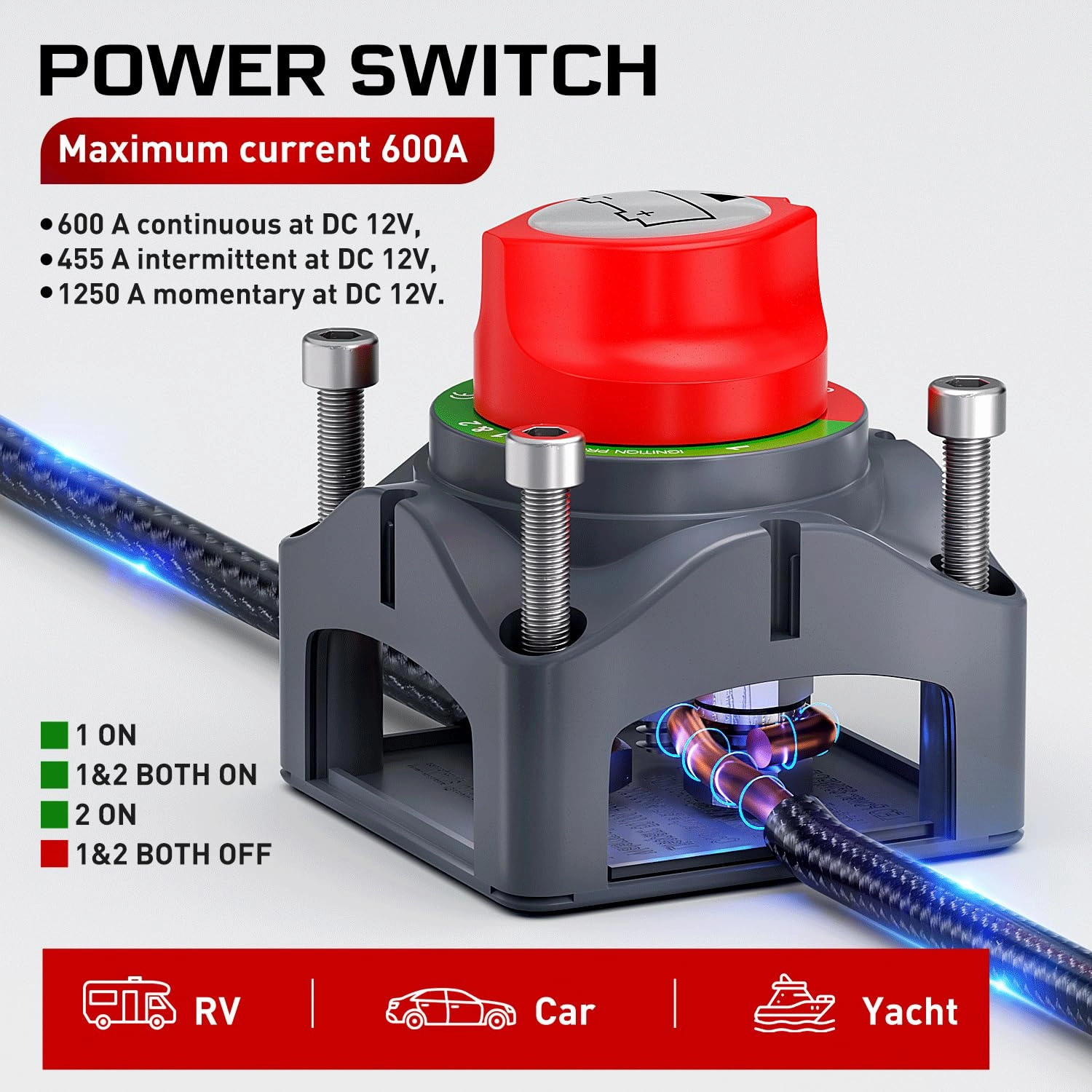 Nilight Battery Switch 1-2-Both-Off 12V 24V 48V 600A High Current Heavy Duty Battery Power Cut Master Switch Disconnect Isolator for Truck Vehicle Trailer RV Marine Boat Yacht