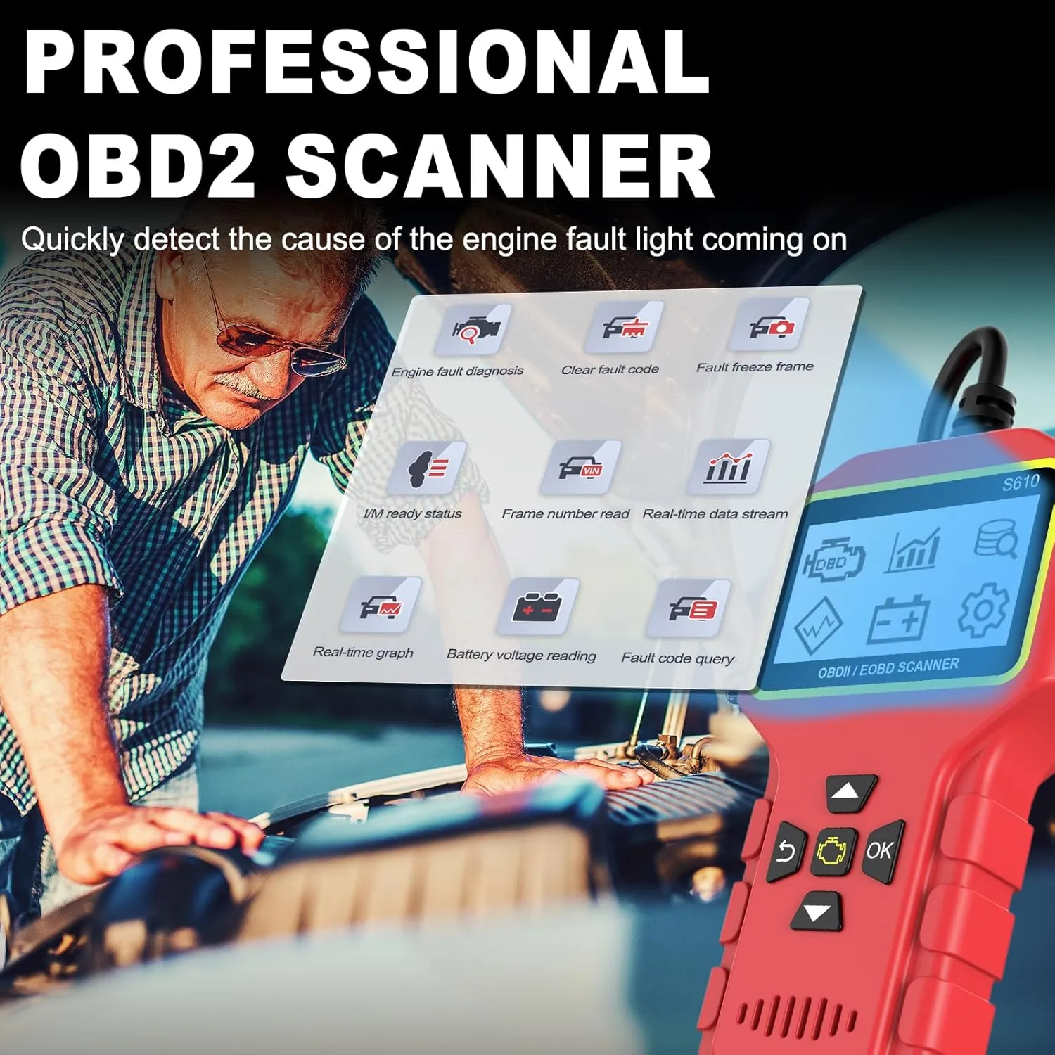 OBD2-Scanner-Diagnostic-Tool, Universal Edition Check Engine Fault Car Code Reader with Read Clear/Erase Fault Codes OBDII/EOBD/CAN Scan Tool for All OBD2 Vehicles Since 1996