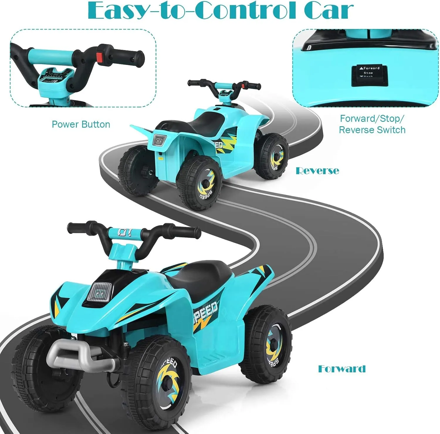 OLAKIDS Kids Ride On ATV, 6V Motorized Quad Toy Car for Toddlers, 4 Wheeler Battery Powered Electric Vehicle for Boys Girls with Forward/Reverse Switch, Anti-Slip Wheels (Aqua)