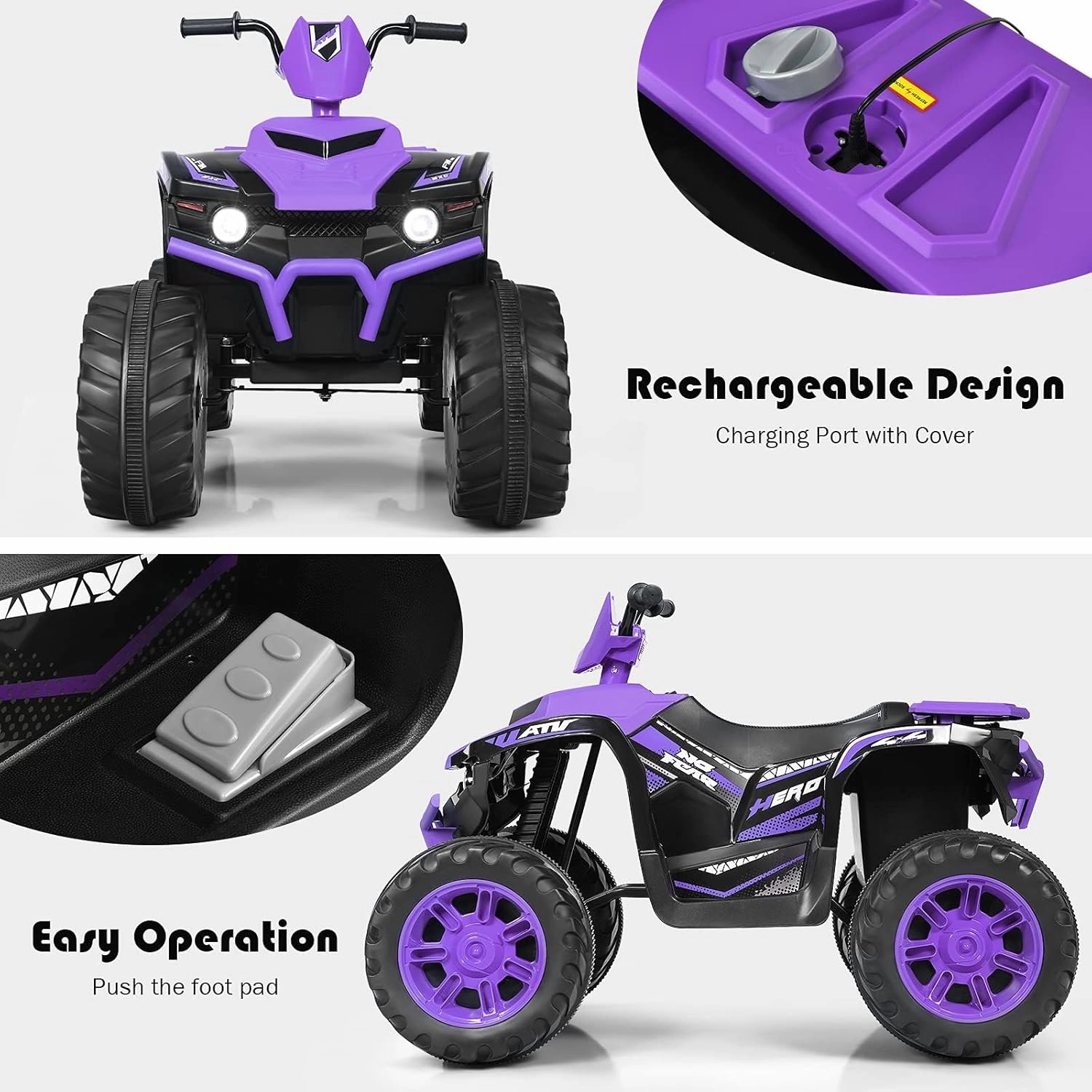OLAKIDS 12V Kids Ride On ATV, 4 Wheeler Electric Vehicle for Toddlers, Battery Powered Motorized Quad Toy Car for Boys Girls with LED Lights, Music, Horn, High Low Speed, Soft Start (Violet)