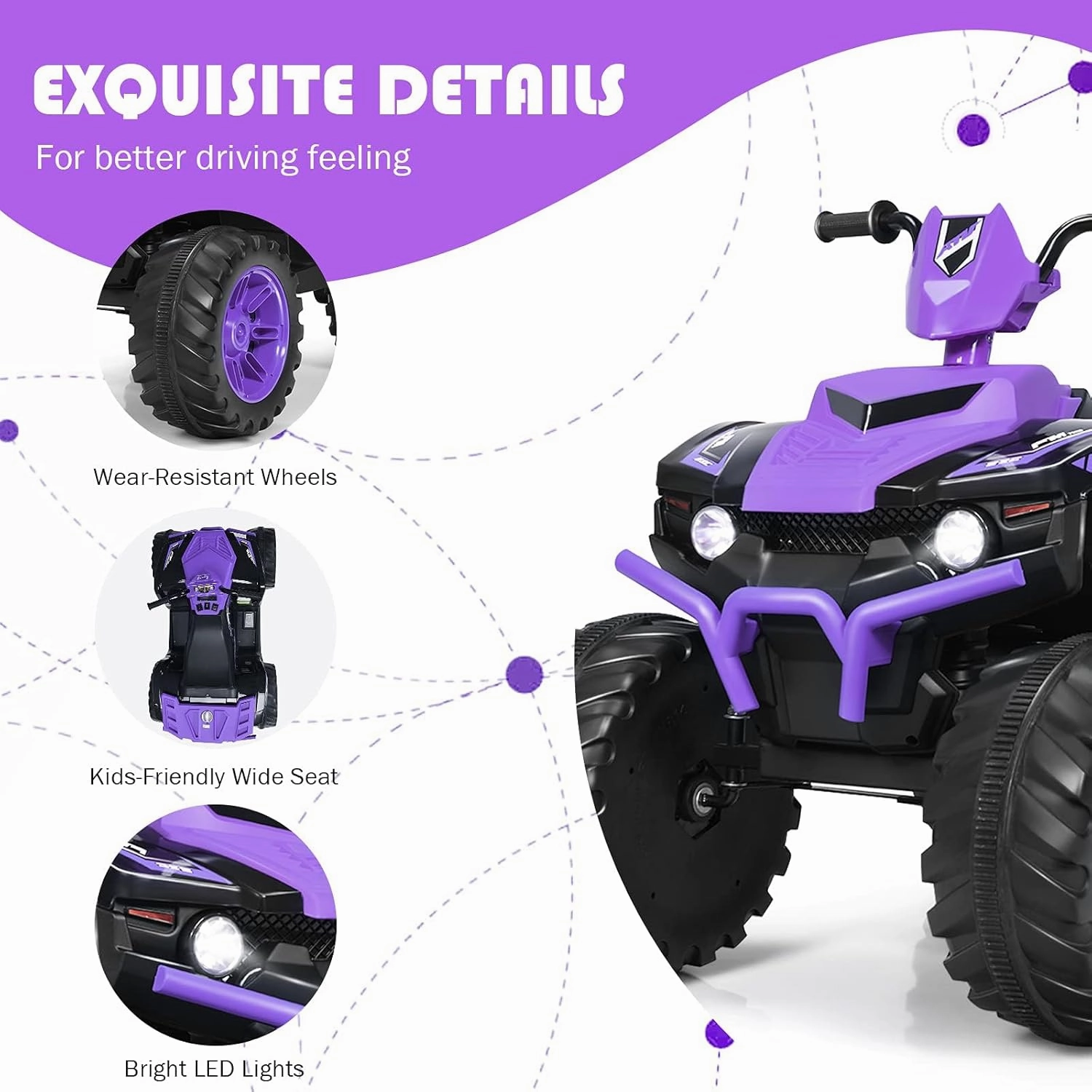 OLAKIDS 12V Kids Ride On ATV, 4 Wheeler Electric Vehicle for Toddlers, Battery Powered Motorized Quad Toy Car for Boys Girls with LED Lights, Music, Horn, High Low Speed, Soft Start (Violet)