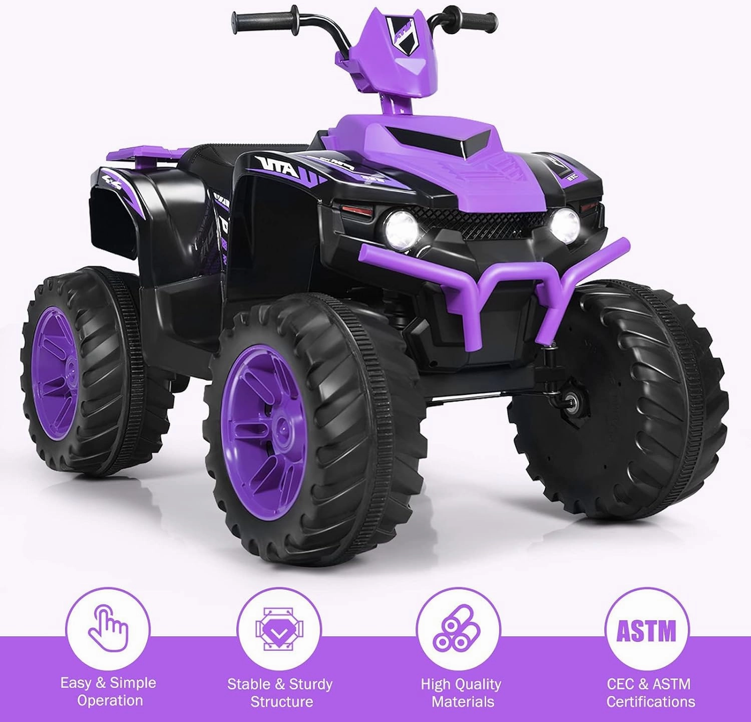 OLAKIDS 12V Kids Ride On ATV, 4 Wheeler Electric Vehicle for Toddlers, Battery Powered Motorized Quad Toy Car for Boys Girls with LED Lights, Music, Horn, High Low Speed, Soft Start (Violet)