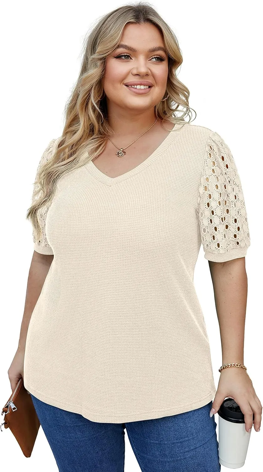 OLRIK Plus Size Tops for Women Summer Blouse Waffle Knit Short Lace Sleeve Shirts