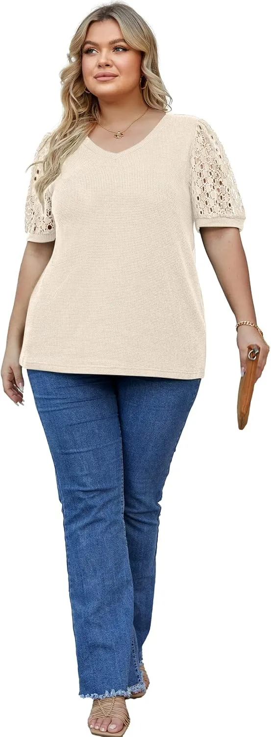 OLRIK Plus Size Tops for Women Summer Blouse Waffle Knit Short Lace Sleeve Shirts