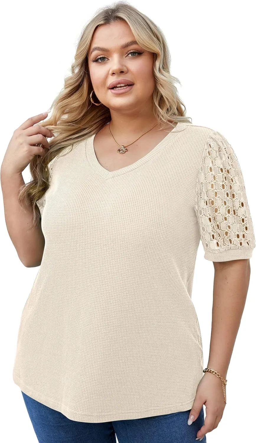 OLRIK Plus Size Tops for Women Summer Blouse Waffle Knit Short Lace Sleeve Shirts