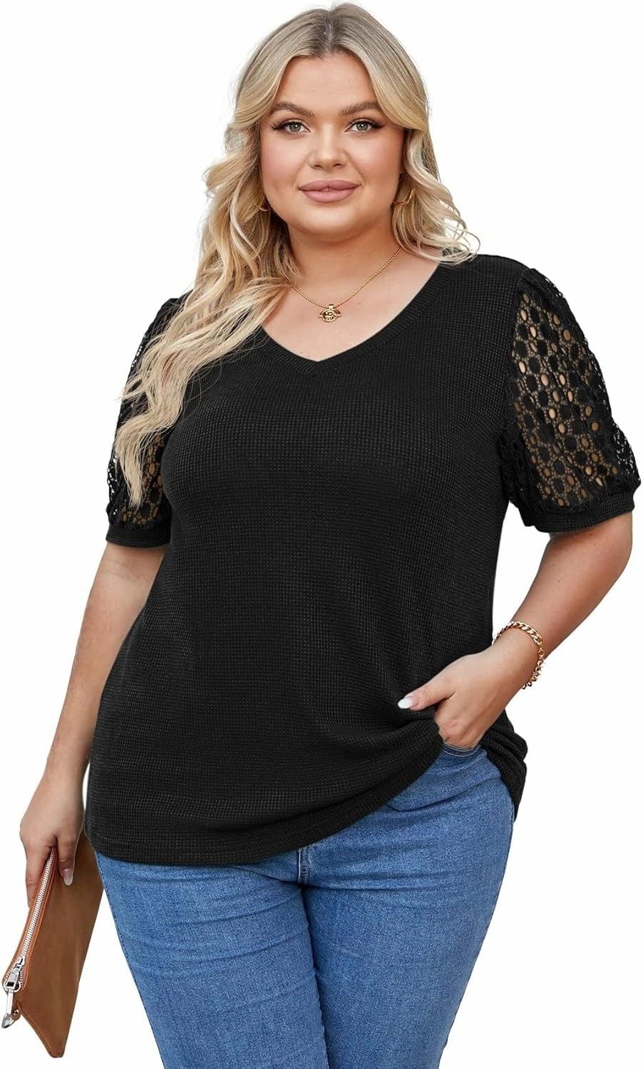 OLRIK Plus Size Tops for Women Summer Blouse Waffle Knit Short Lace Sleeve Shirts