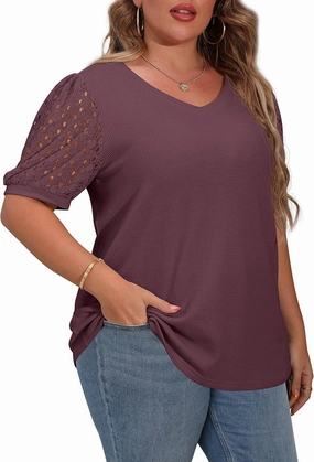 OLRIK Plus Size Tops for Women Summer Blouse Waffle Knit Short Lace Sleeve Shirts