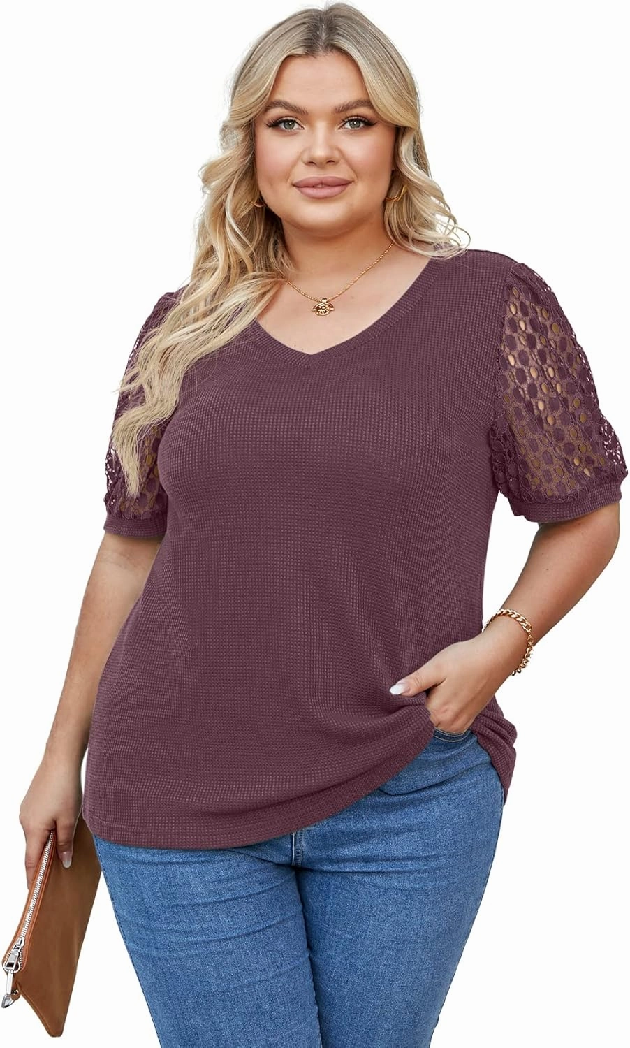 OLRIK Plus Size Tops for Women Summer Blouse Waffle Knit Short Lace Sleeve Shirts