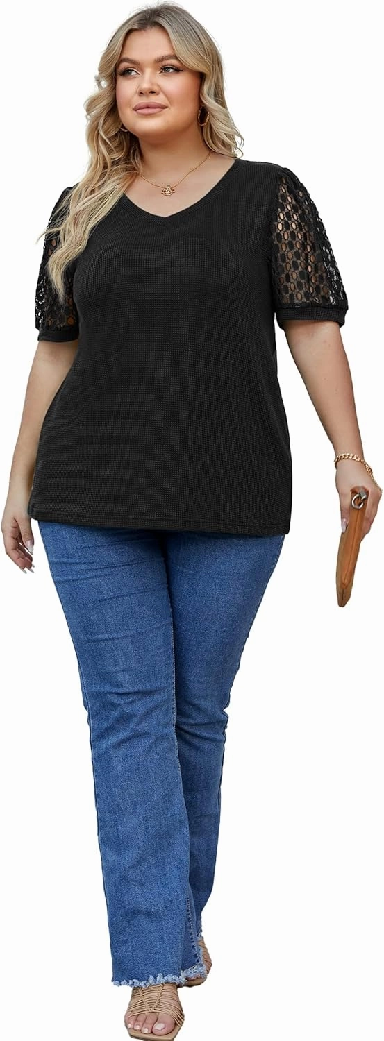 OLRIK Plus Size Tops for Women Summer Blouse Waffle Knit Short Lace Sleeve Shirts
