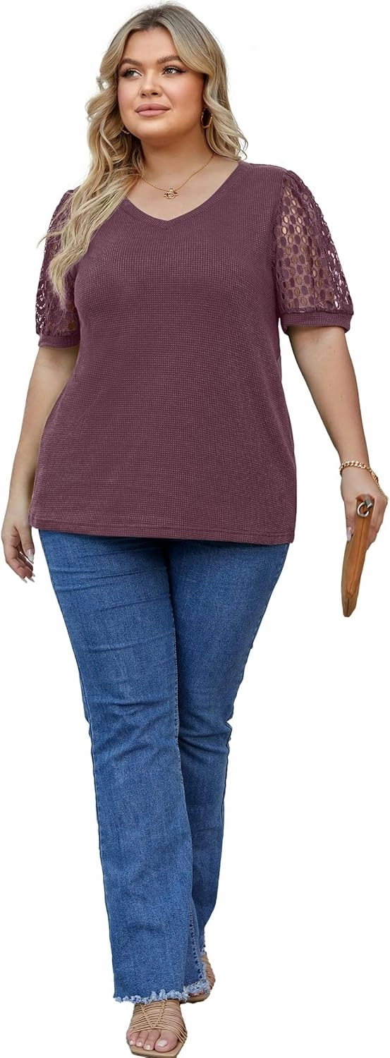 OLRIK Plus Size Tops for Women Summer Blouse Waffle Knit Short Lace Sleeve Shirts