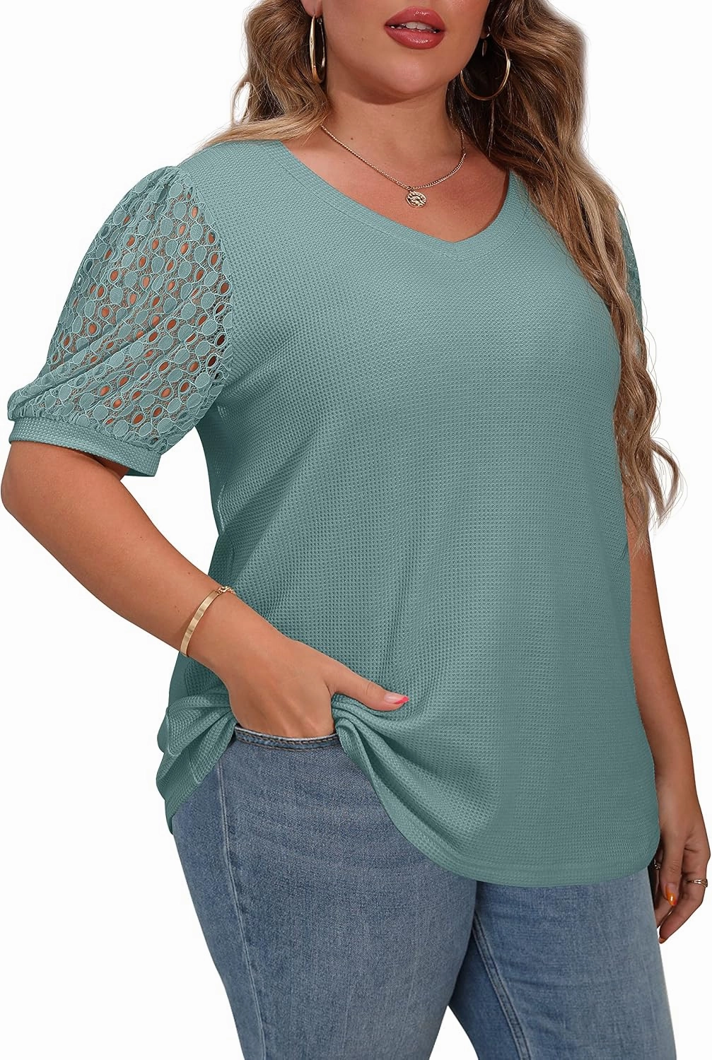 OLRIK Plus Size Tops for Women Summer Blouse Waffle Knit Short Lace Sleeve Shirts