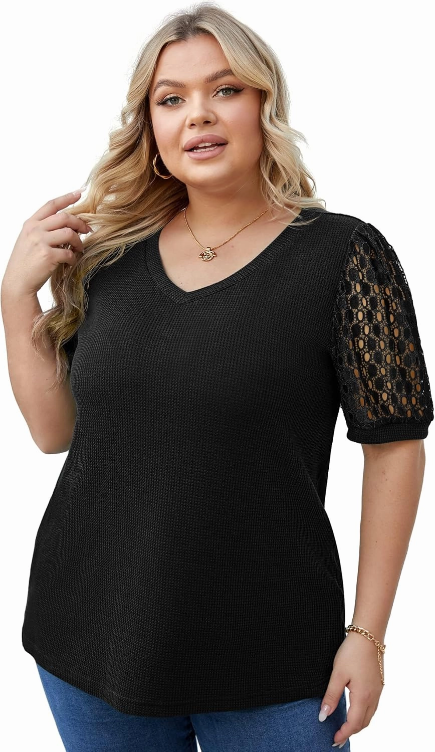 OLRIK Plus Size Tops for Women Summer Blouse Waffle Knit Short Lace Sleeve Shirts