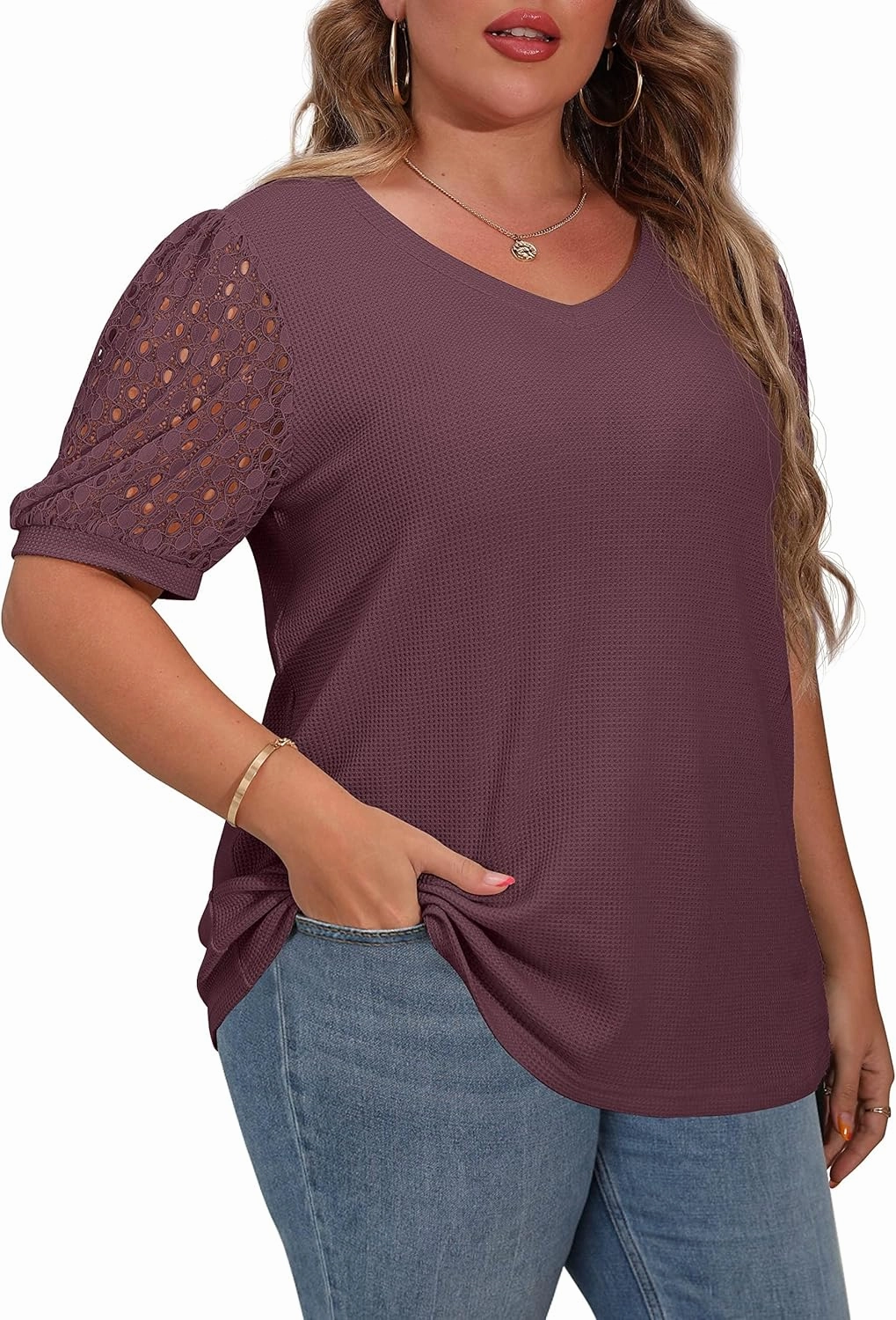 OLRIK Plus Size Tops for Women Summer Blouse Waffle Knit Short Lace Sleeve Shirts