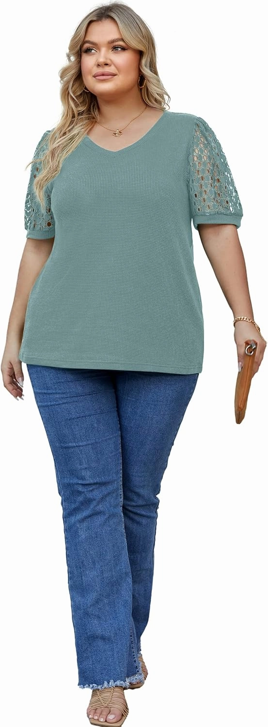 OLRIK Plus Size Tops for Women Summer Blouse Waffle Knit Short Lace Sleeve Shirts