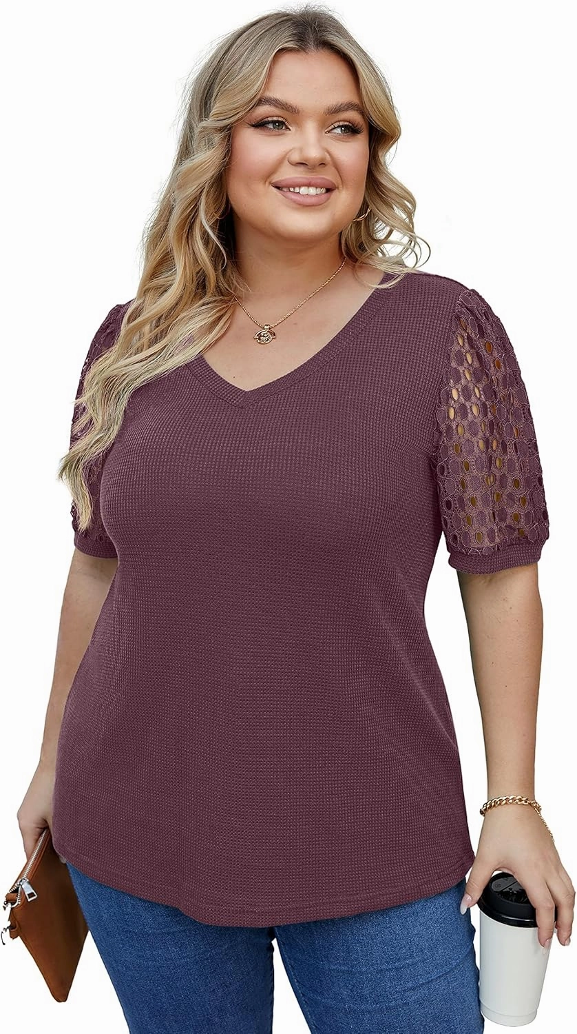 OLRIK Plus Size Tops for Women Summer Blouse Waffle Knit Short Lace Sleeve Shirts