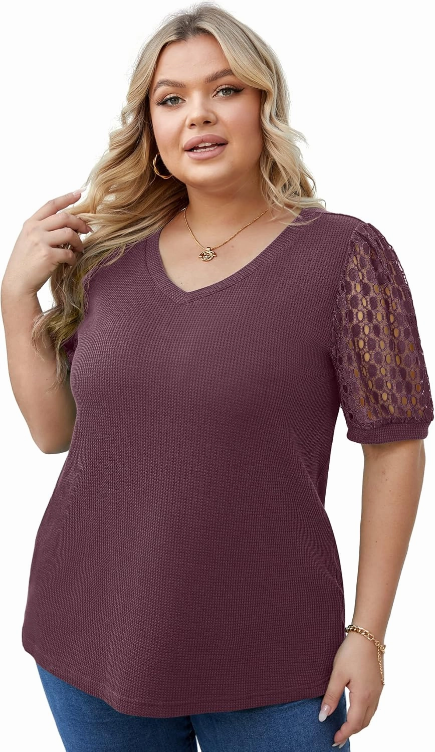 OLRIK Plus Size Tops for Women Summer Blouse Waffle Knit Short Lace Sleeve Shirts