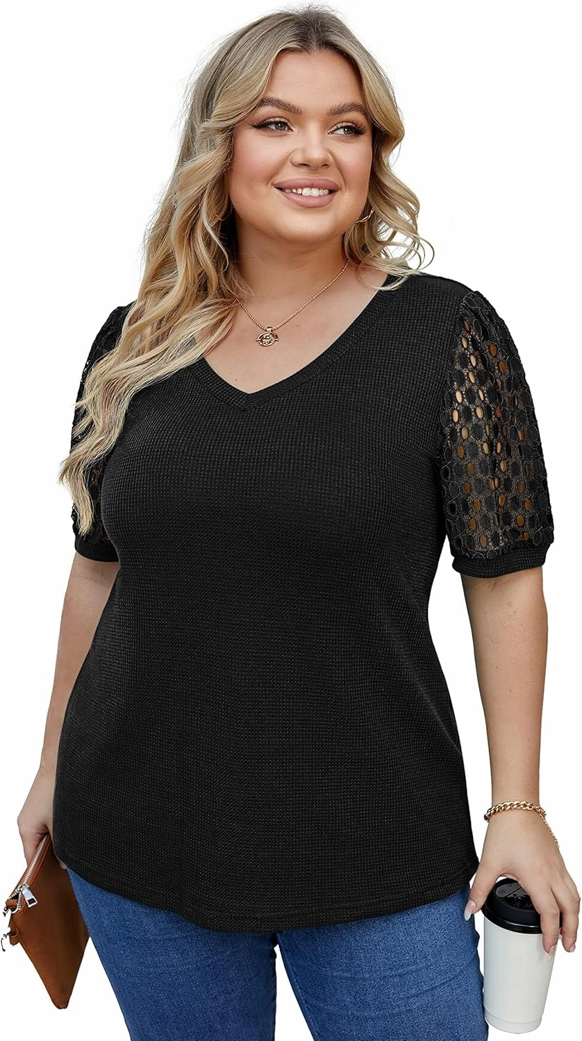 OLRIK Plus Size Tops for Women Summer Blouse Waffle Knit Short Lace Sleeve Shirts