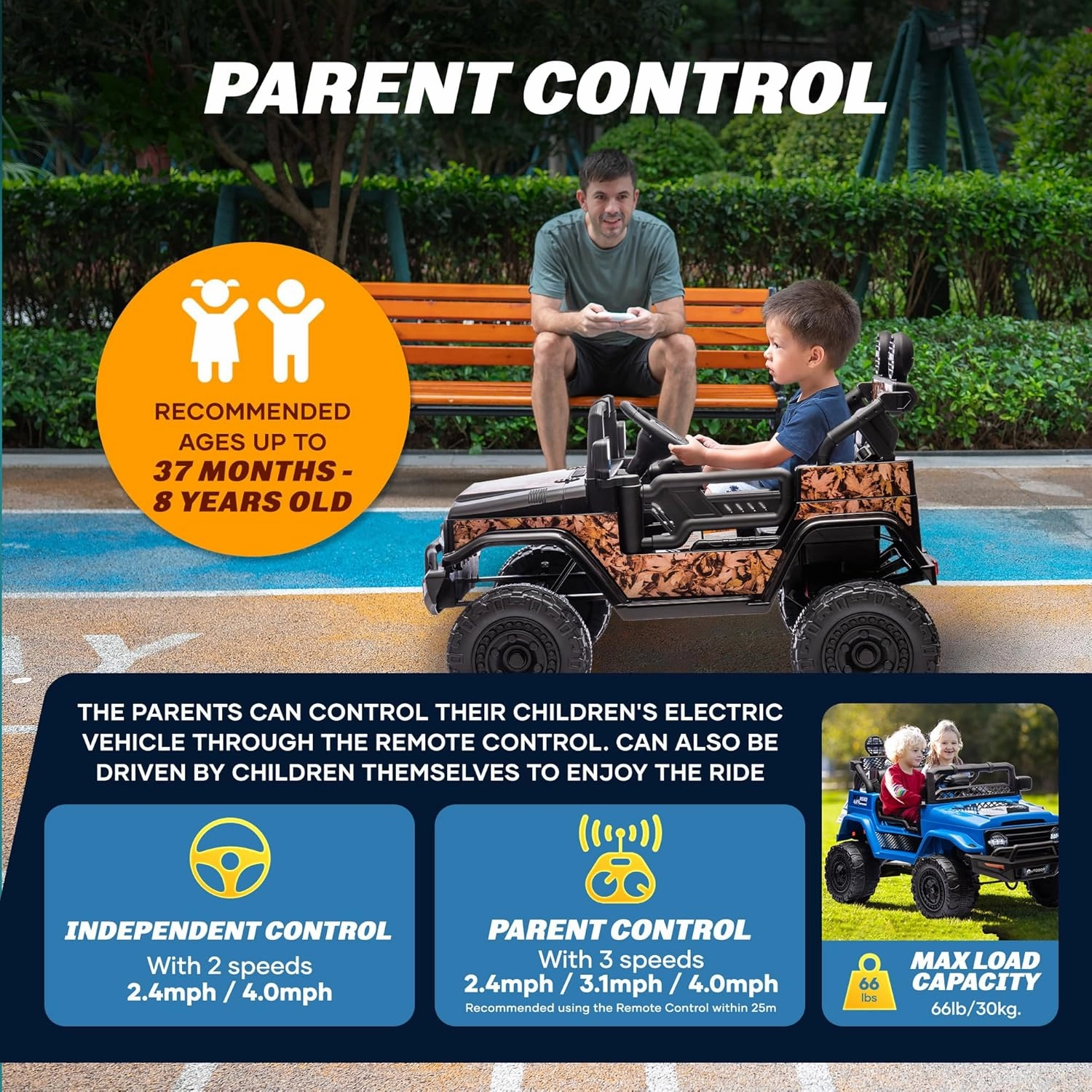 Outdoor Cruiser 12V Kids Ride-On Car with Remote Control - Dual 25W Motors, 4.5AH Battery, Safety Belt, Emergency Stop, Spring Suspension, Smooth Terrain Drive, Max Load 66 lbs, Ages 3-8 Years, Camo