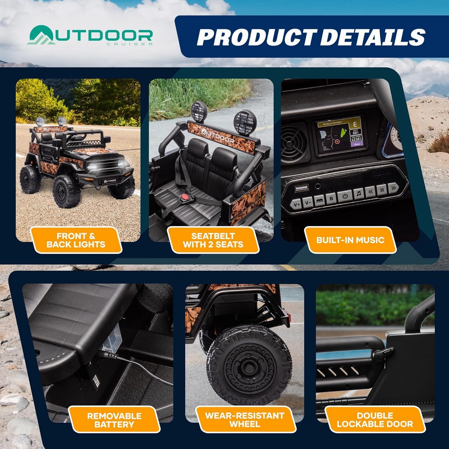 Outdoor Cruiser 12V Kids Ride-On Car with Remote Control - Dual 25W Motors, 4.5AH Battery, Safety Belt, Emergency Stop, Spring Suspension, Smooth Terrain Drive, Max Load 66 lbs, Ages 3-8 Years, Camo