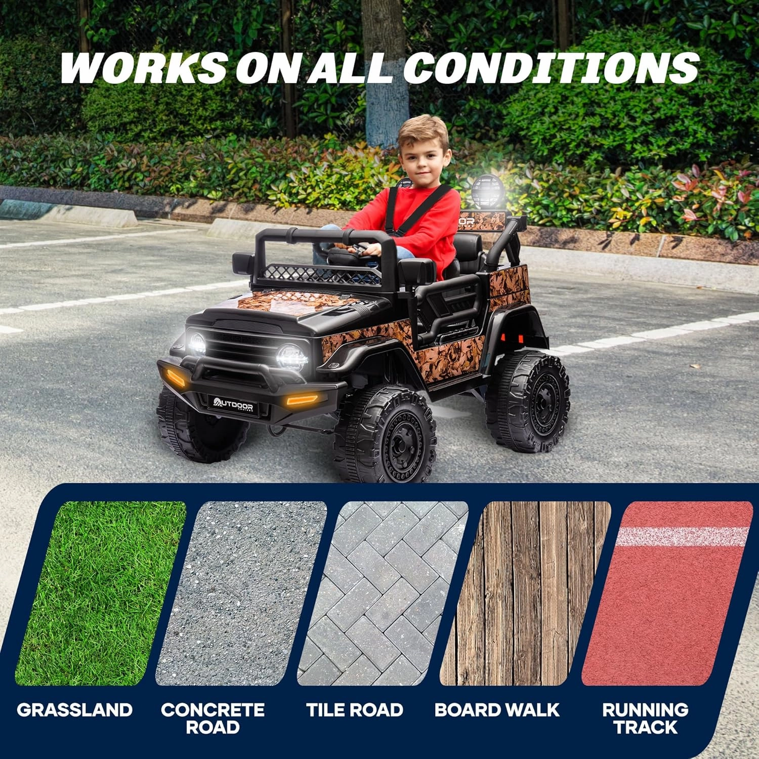 Outdoor Cruiser 12V Kids Ride-On Car with Remote Control - Dual 25W Motors, 4.5AH Battery, Safety Belt, Emergency Stop, Spring Suspension, Smooth Terrain Drive, Max Load 66 lbs, Ages 3-8 Years, Camo