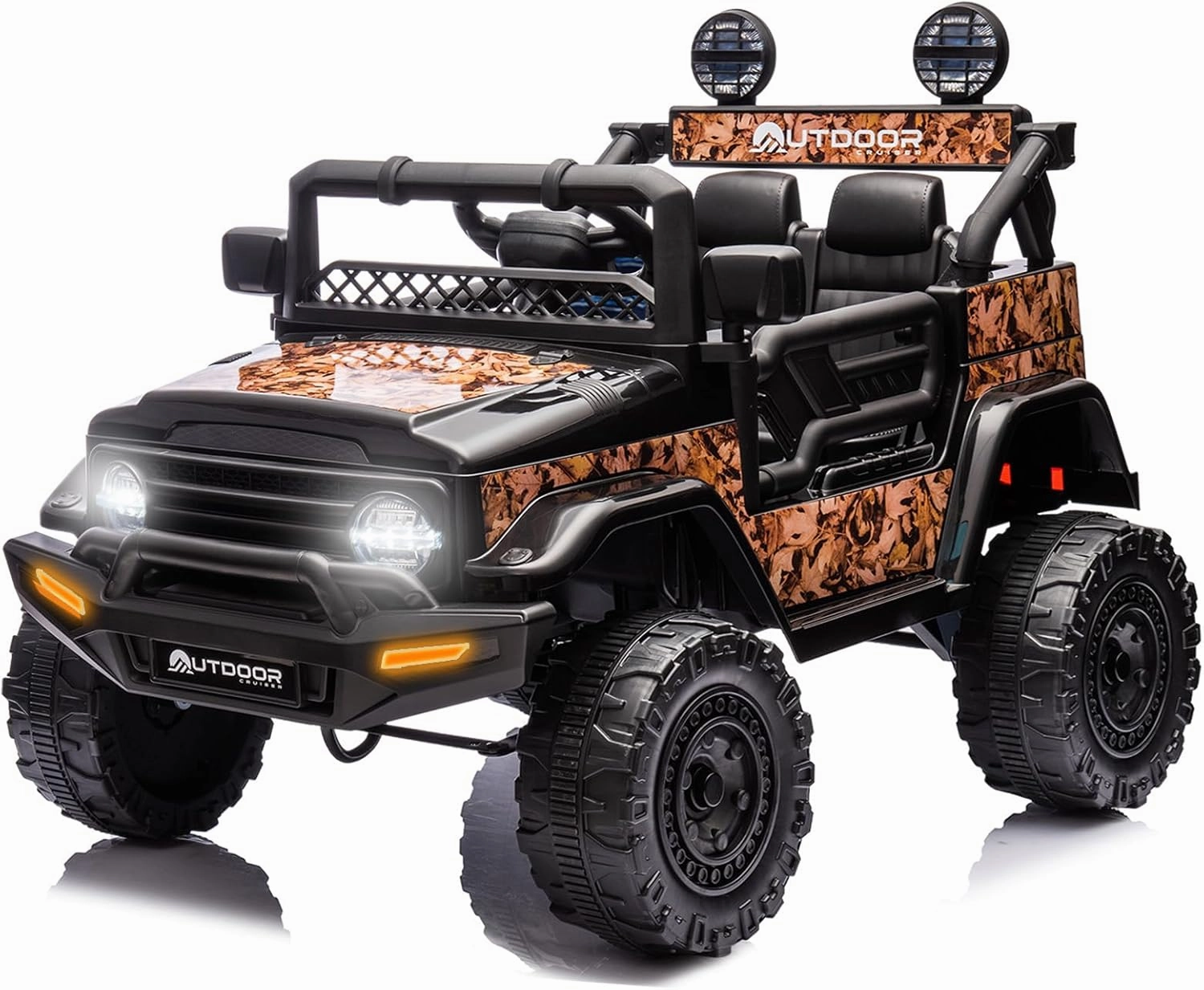 Outdoor Cruiser 12V Kids Ride-On Car with Remote Control - Dual 25W Motors, 4.5AH Battery, Safety Belt, Emergency Stop, Spring Suspension, Smooth Terrain Drive, Max Load 66 lbs, Ages 3-8 Years, Camo