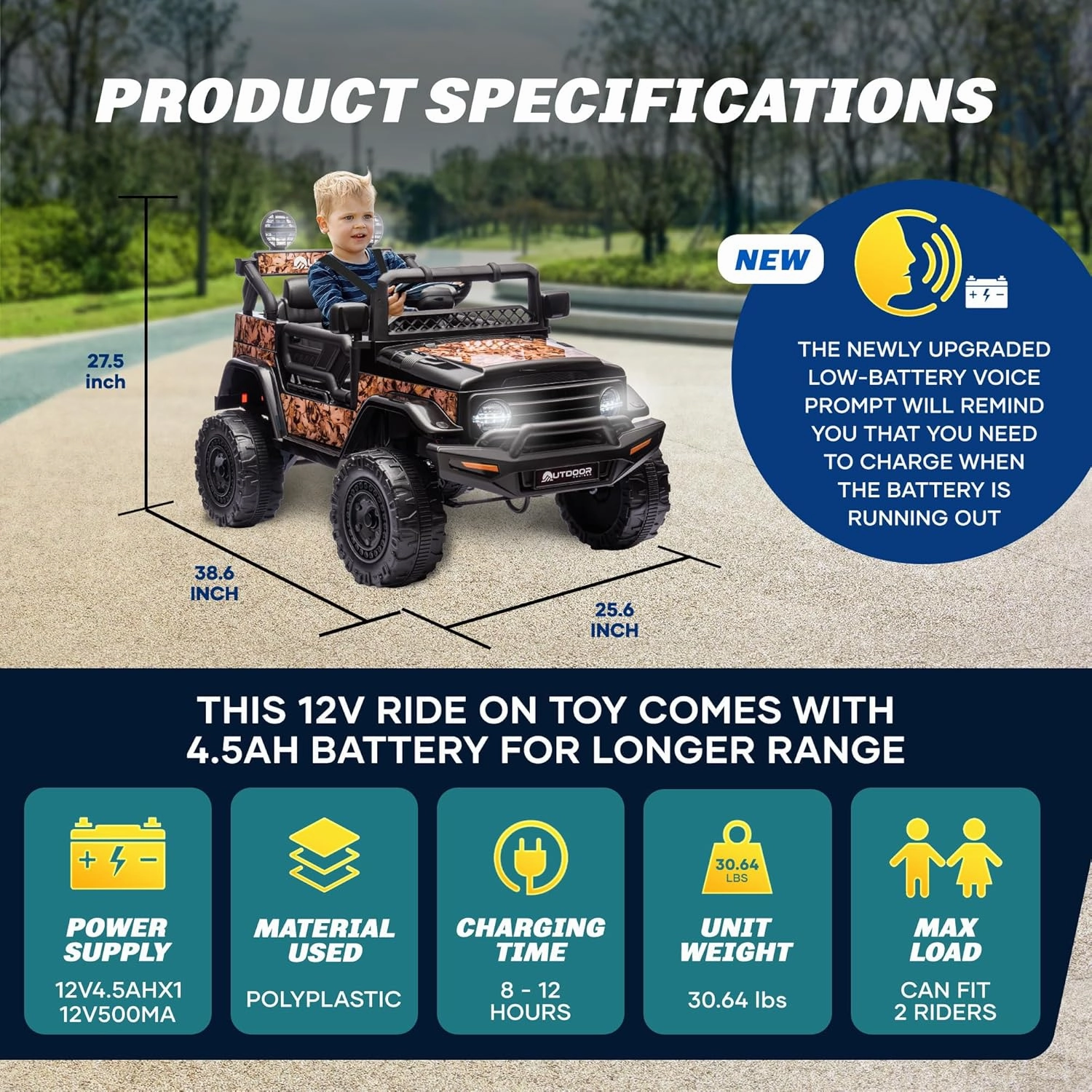 Outdoor Cruiser 12V Kids Ride-On Car with Remote Control - Dual 25W Motors, 4.5AH Battery, Safety Belt, Emergency Stop, Spring Suspension, Smooth Terrain Drive, Max Load 66 lbs, Ages 3-8 Years, Camo