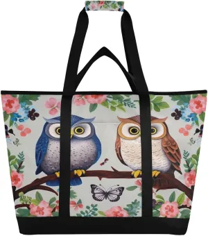 Owls Flowers Reusable Insulated Lunchbox Cooler Bag, Leakproof Kitchen Grocery Bag Collapsible Portable Cooler Tote Bag for Picnic, Camping, Office, Travel