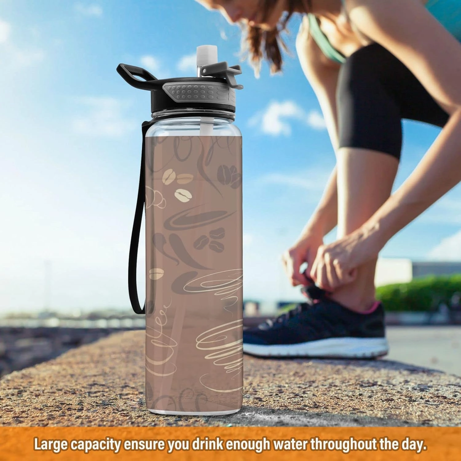 Oyihfvs Brown Coffee Cups Beans for Cafe or Restaurant Transparent Sports Water Bottle 32 Oz, with Straw Lid Leakproof Reusable Water Bottle, Water Bottle for Fitness Gym Outdoor