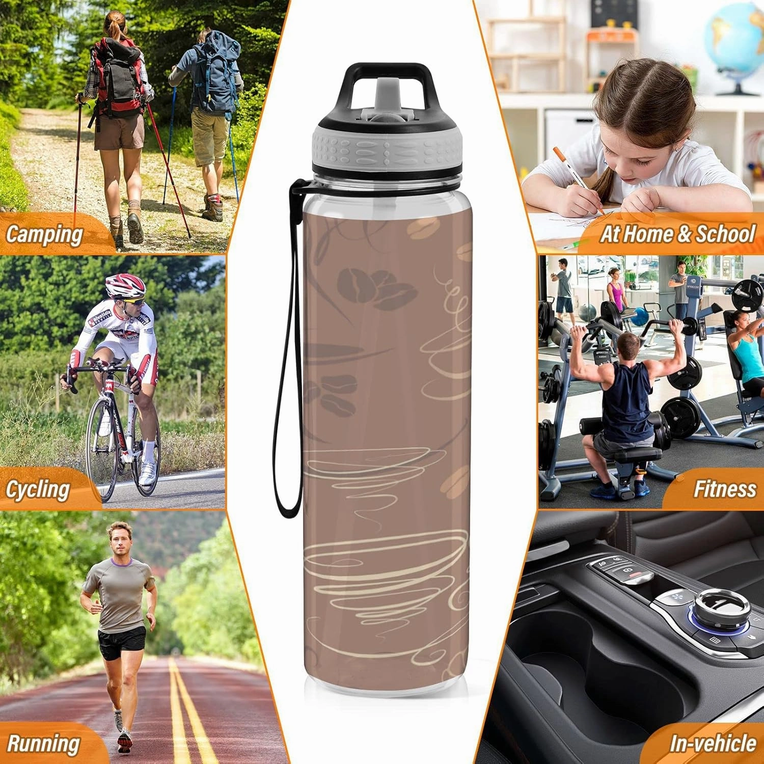 Oyihfvs Brown Coffee Cups Beans for Cafe or Restaurant Transparent Sports Water Bottle 32 Oz, with Straw Lid Leakproof Reusable Water Bottle, Water Bottle for Fitness Gym Outdoor