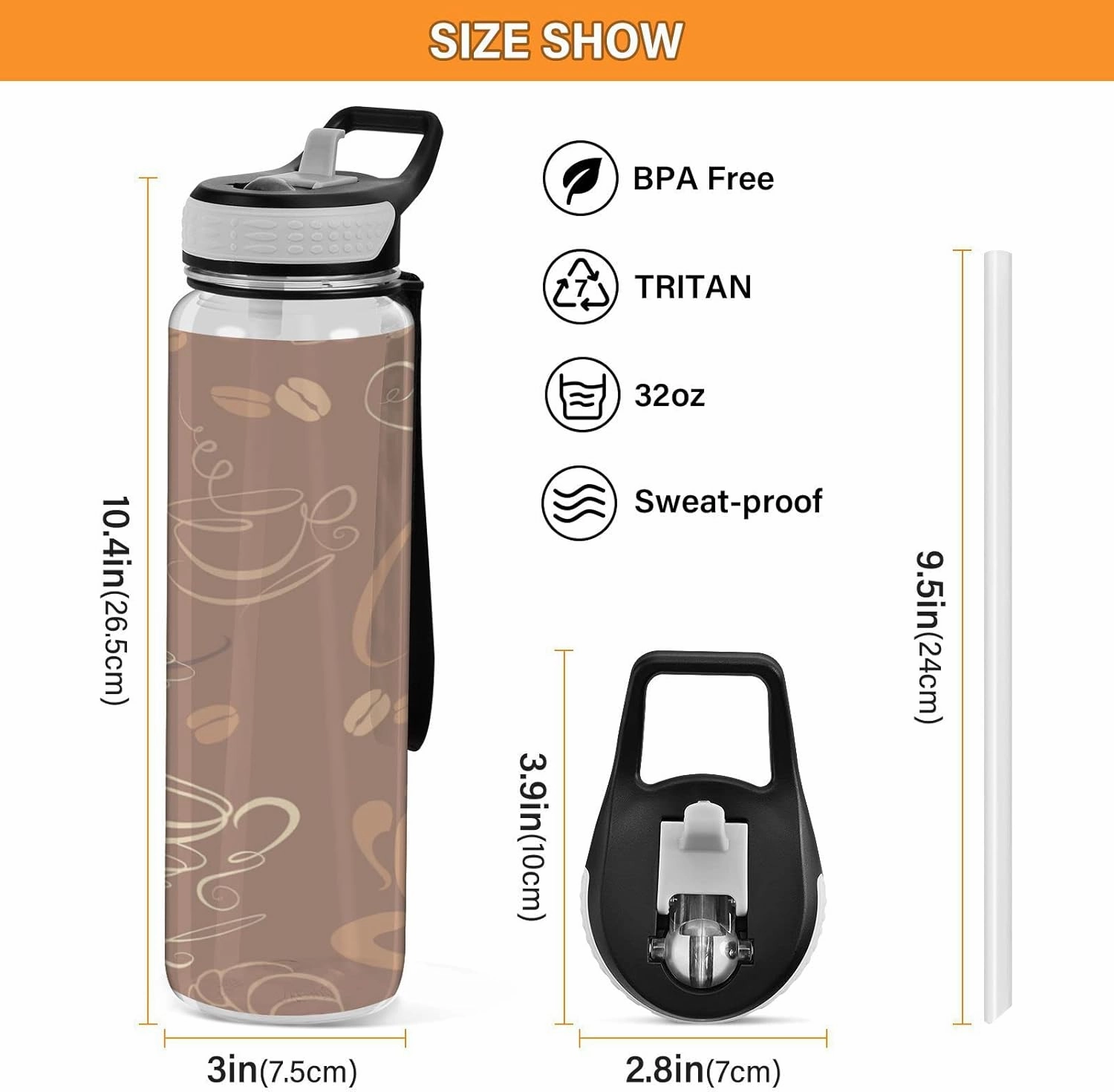 Oyihfvs Brown Coffee Cups Beans for Cafe or Restaurant Transparent Sports Water Bottle 32 Oz, with Straw Lid Leakproof Reusable Water Bottle, Water Bottle for Fitness Gym Outdoor
