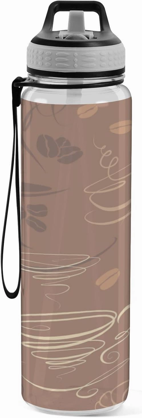 Oyihfvs Brown Coffee Cups Beans for Cafe or Restaurant Transparent Sports Water Bottle 32 Oz, with Straw Lid Leakproof Reusable Water Bottle, Water Bottle for Fitness Gym Outdoor