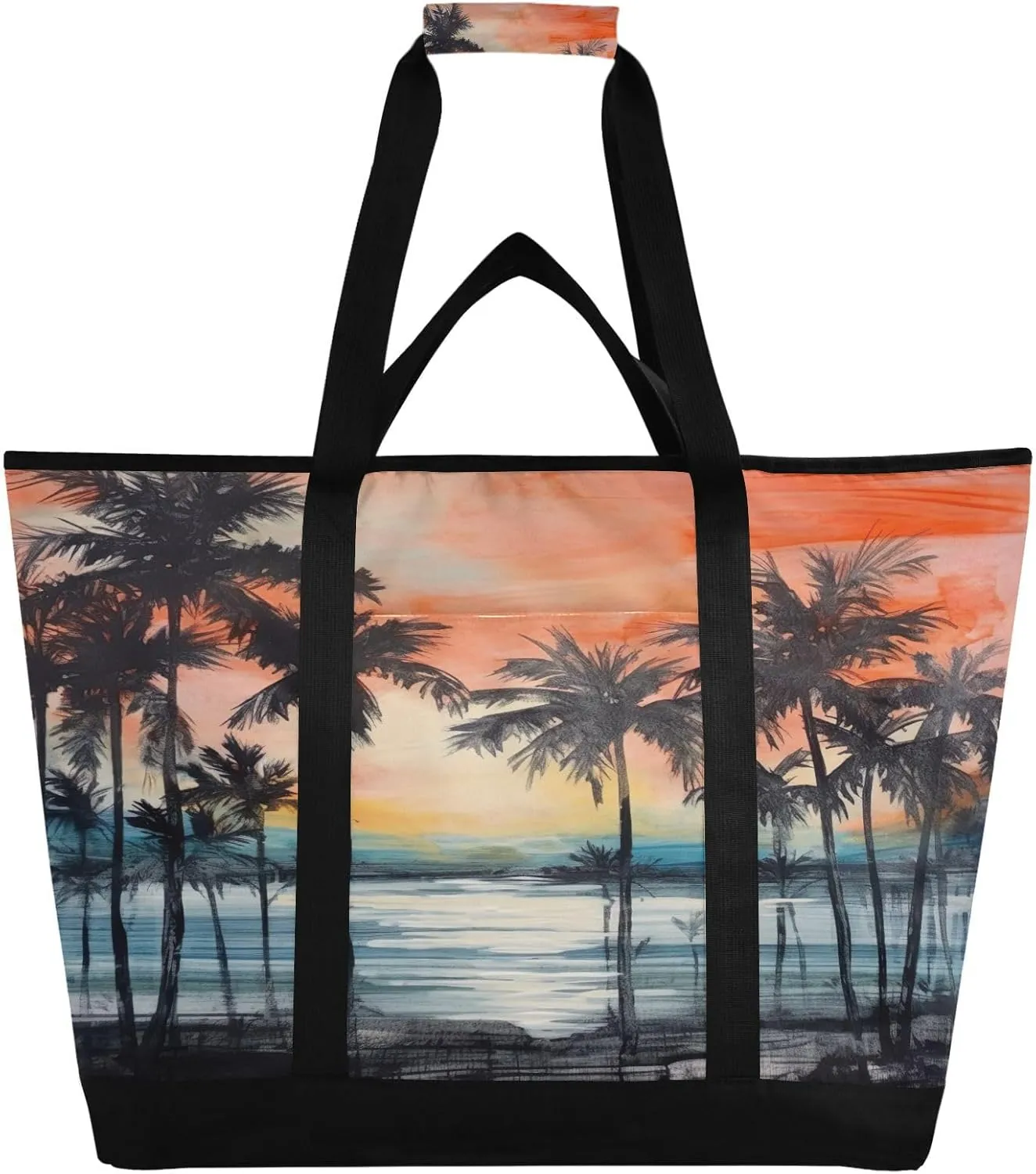 Palm Tree Reusable Insulated Lunchbox Cooler Bag, Leakproof Kitchen Grocery Bag Collapsible Portable Cooler Tote Bag for Picnic, Camping, Office, Travel