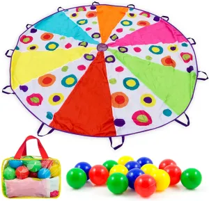 Parachute for Kids with Handles – Rainbow Multi-Colored with 16 Balls in Carry Bag, Parachute Toy for Ages 3 Toddlers, to Seniors (10ft – 12 Handles)