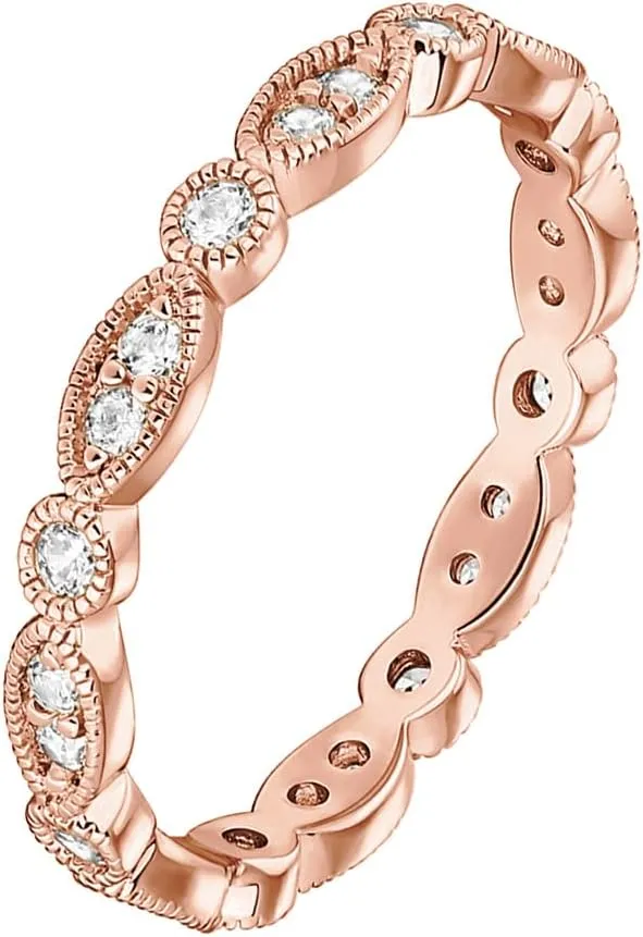 PAVOI 14K Gold Plated Cubic Zirconia Band | Round Milgrain Eternity Bands | Gold Rings for Women